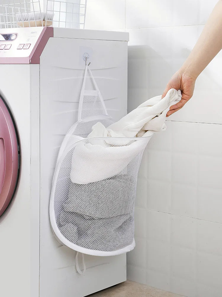 Foldable Storage Laundry Basket Organizer Dirty Clothes Mesh Bag Household Wall-mounted Bathroom Clothes Hanging Baskets Bucket